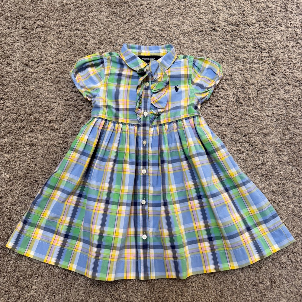 Excellent Ralph Lauren Plaid Ruffle Shirt Dress Tie Waist Pastel Girls Size 24M